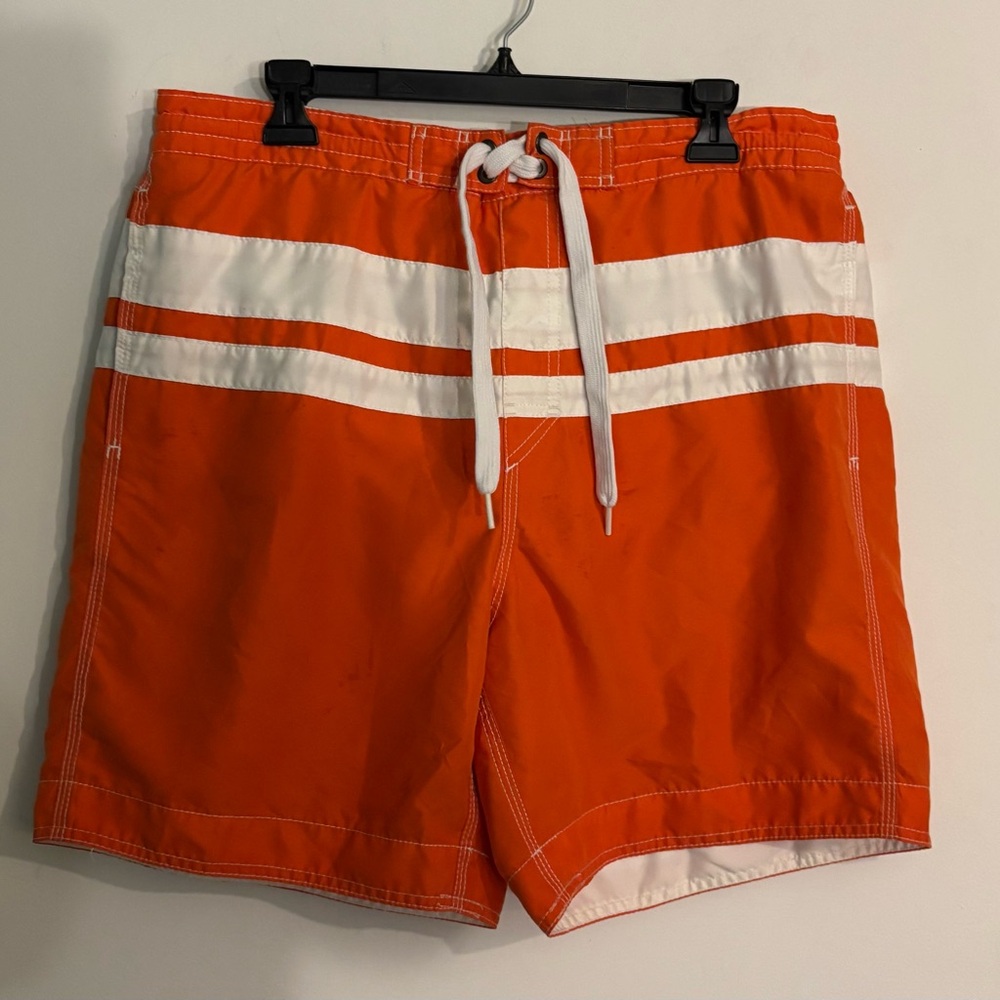 Lanesboro Mens Orange White Elastic Waistband Tie Front Lined Swim‎ Trunk Large
